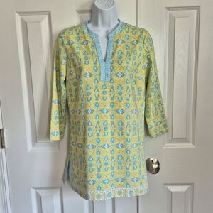 J. McLaughlin Yellow Blue Boho 3/4 Sleeve Patterned Tunic Top Women's Size Small
